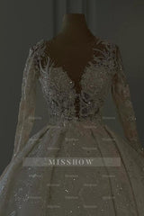 Luxurious Long Ivory A-line V-neck Lace Long Sleeves Wedding Dress with Glitter