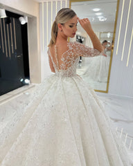 Luxurious Long Ivory A-line V-neck Lace Long Sleeves Wedding Dress with Glitter
