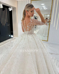 Luxurious Long Ivory A-line V-neck Lace Long Sleeves Wedding Dress with Glitter