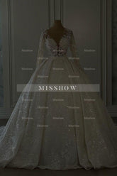 Luxurious Long Ivory A-line V-neck Lace Long Sleeves Wedding Dress with Glitter