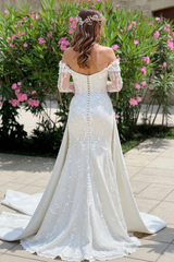 Luxurious Long Ivory Off-the-shoulder Lace Beading Long Sleeves Wedding Dress With Train