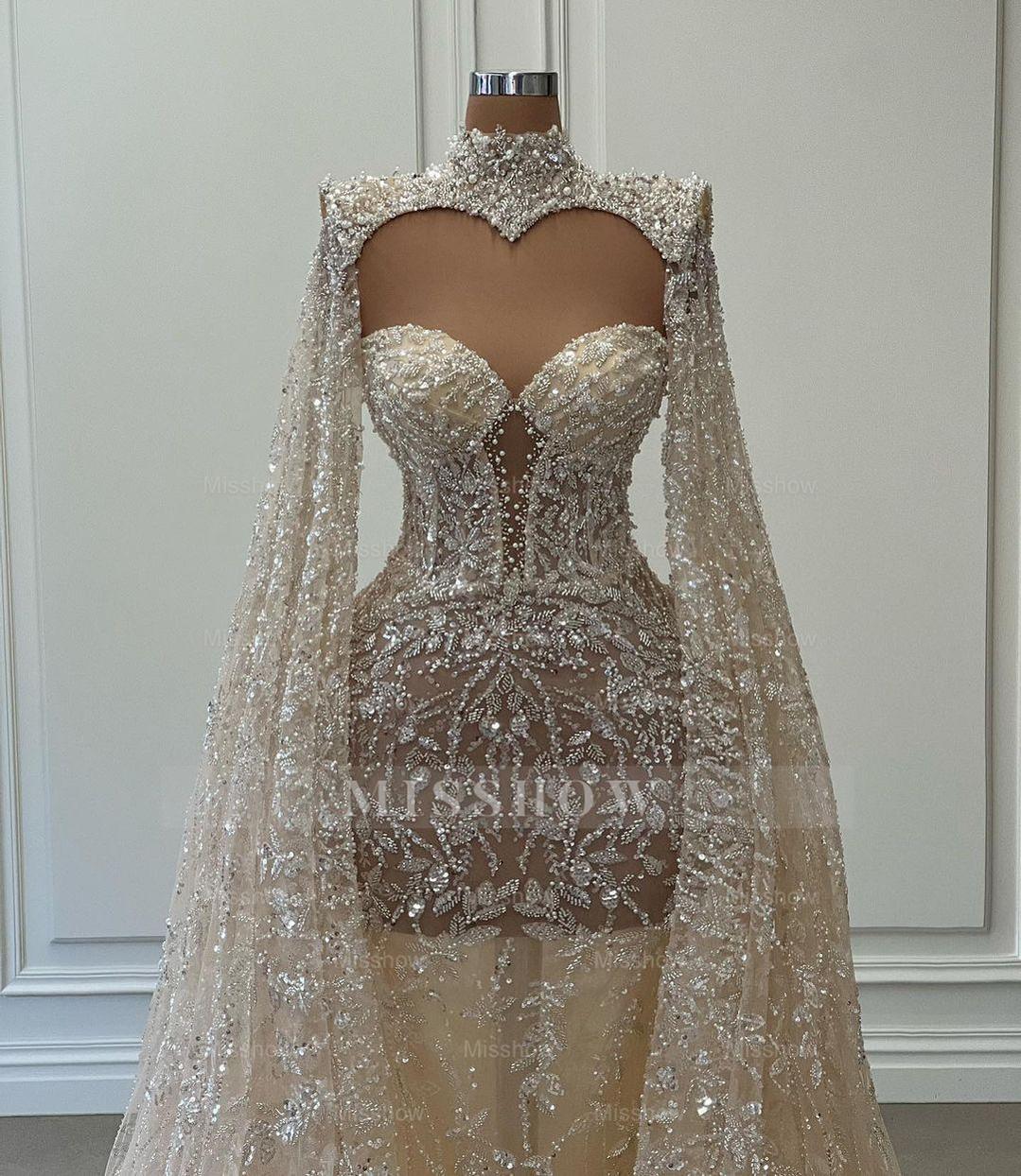 Luxurious Long Mermaid High Neck Glitter Lace Prom Dress With Sleeves