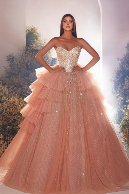 Luxurious Long Pink A-line Princess Tulle Beading Sleeveless Prom Evening Dresses with Pearls
