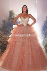 Luxurious Long Pink A-line Princess Tulle Beading Sleeveless Prom Evening Dresses with Pearls