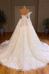 Luxurious Long White A-line Beading One Shoulder Wedding Dress With Sleeve