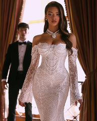 Luxurious Long White Mermaid Off-the-shoulder Beaded Lace Wedding Dress with Long Sleeves