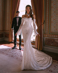 Luxurious Long White Mermaid Off-the-shoulder Beaded Lace Wedding Dress with Long Sleeves