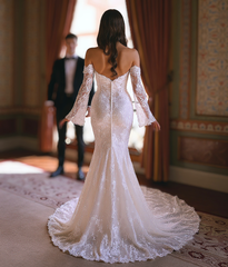Luxurious Long White Mermaid Off-the-shoulder Beaded Lace Wedding Dress with Long Sleeves