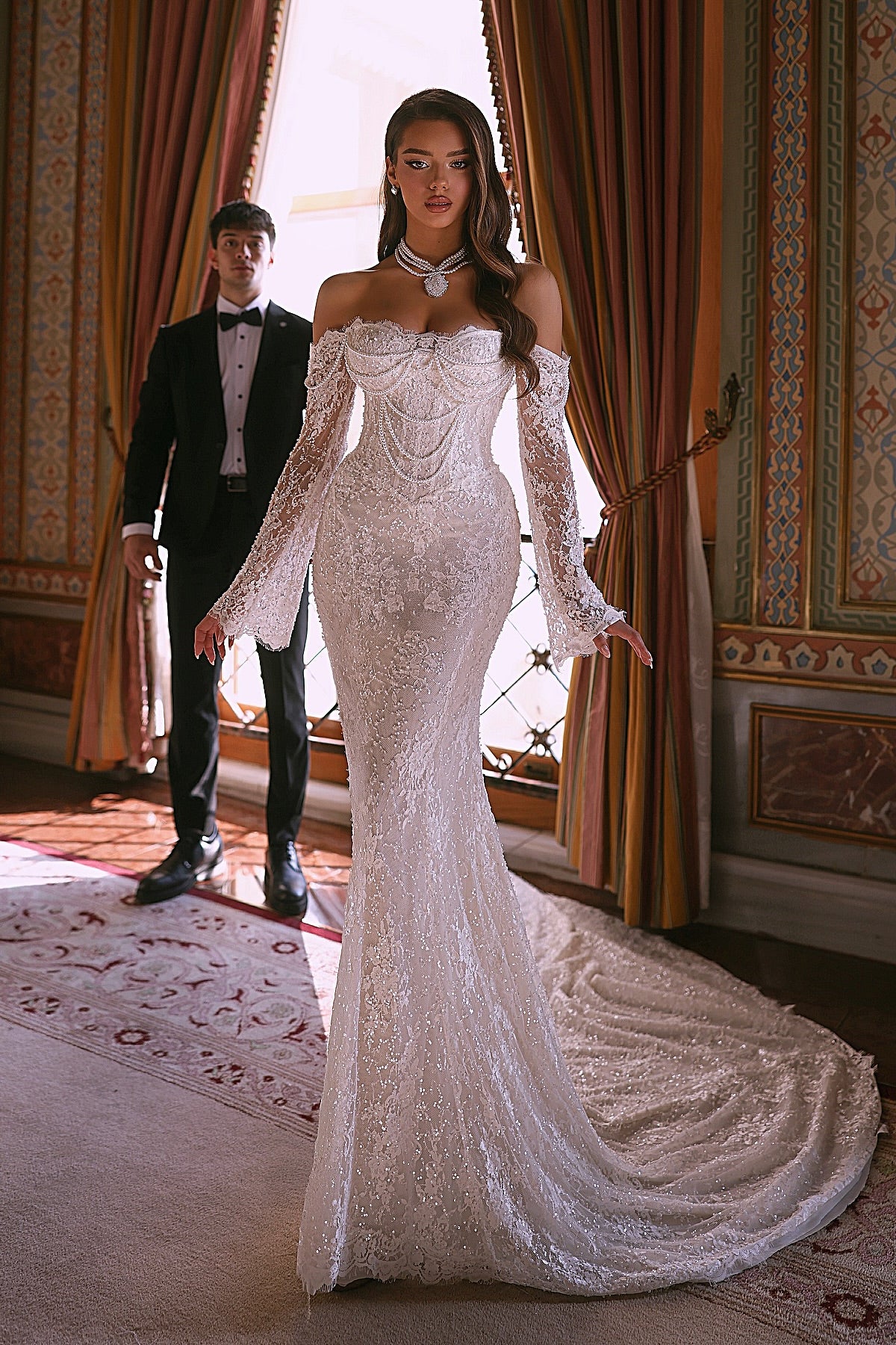 Luxurious Long White Mermaid Off-the-shoulder Beaded Lace Wedding Dress with Long Sleeves