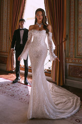 Luxurious Long White Mermaid Off-the-shoulder Beaded Lace Wedding Dress with Long Sleeves