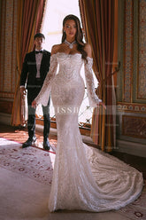 Luxurious Long White Mermaid Off-the-shoulder Beaded Lace Wedding Dress with Long Sleeves