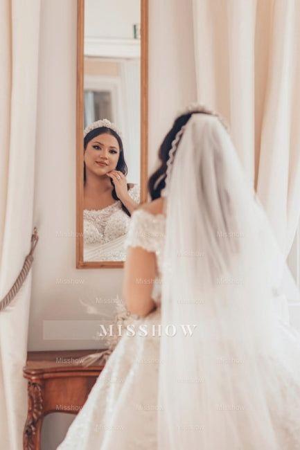 Luxurious Long White Off-the-shoulder A-line Satin Wedding Dress with Lace