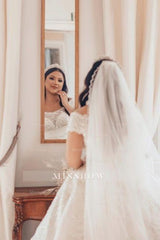 Luxurious Long White Off-the-shoulder A-line Satin Wedding Dress with Lace