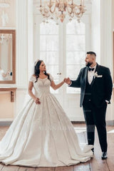 Luxurious Long White Off-the-shoulder A-line Satin Wedding Dress with Lace