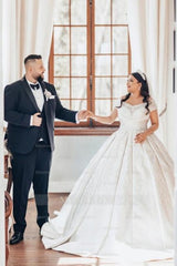 Luxurious Long White Off-the-shoulder A-line Satin Wedding Dress with Lace