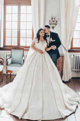 Luxurious Long White Off-the-shoulder A-line Satin Wedding Dress with Lace