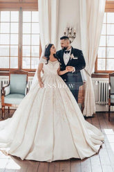 Luxurious Long White Off-the-shoulder A-line Satin Wedding Dress with Lace