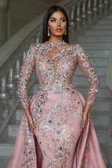 Luxurious Pink High Neck Beaded Embroidery Long Sleeves Detachable Panel Train Prom Evening Dresses With Rhinestone