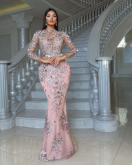 Luxurious Pink High Neck Beaded Embroidery Long Sleeves Detachable Panel Train Prom Evening Dresses With Rhinestone
