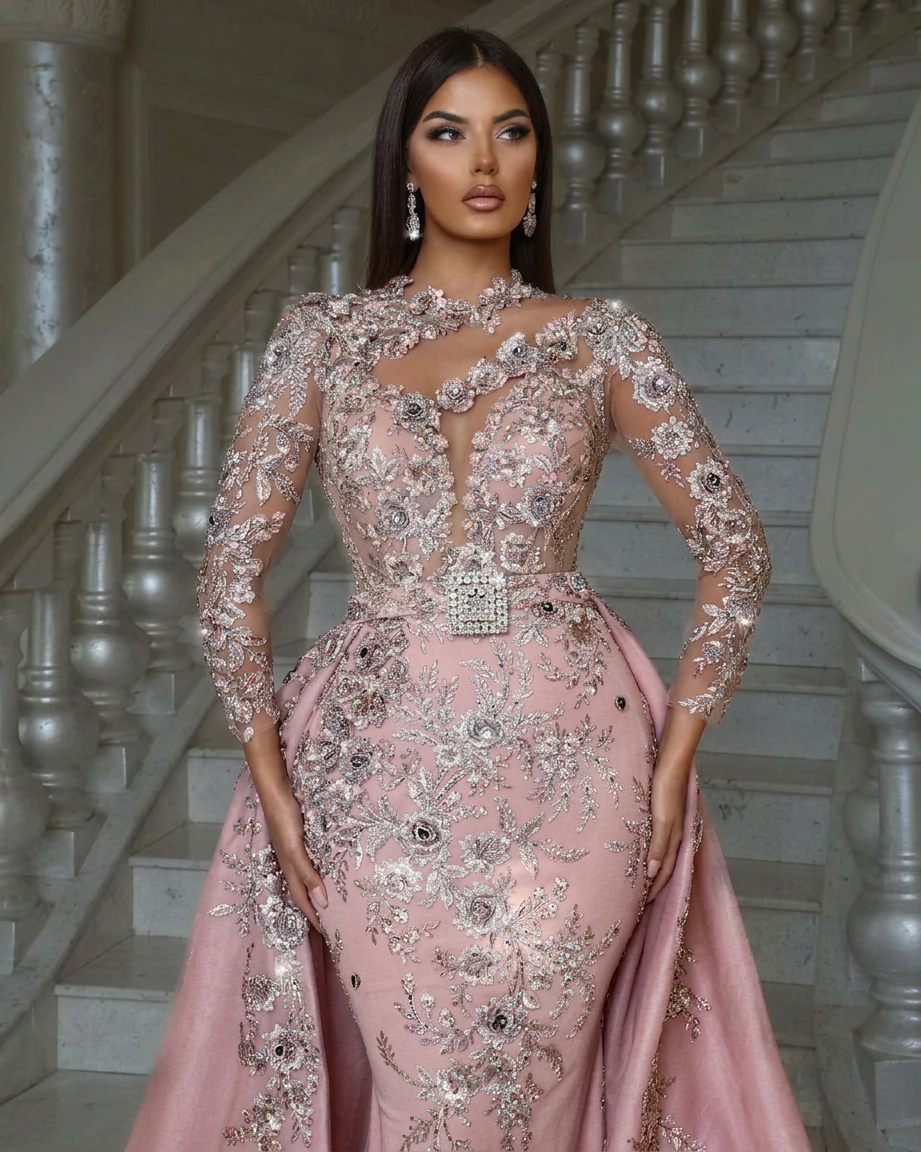 Luxurious Pink High Neck Beaded Embroidery Long Sleeves Detachable Panel Train Prom Evening Dresses With Rhinestone