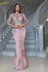 Luxurious Pink High Neck Beaded Embroidery Long Sleeves Detachable Panel Train Prom Evening Dresses With Rhinestone