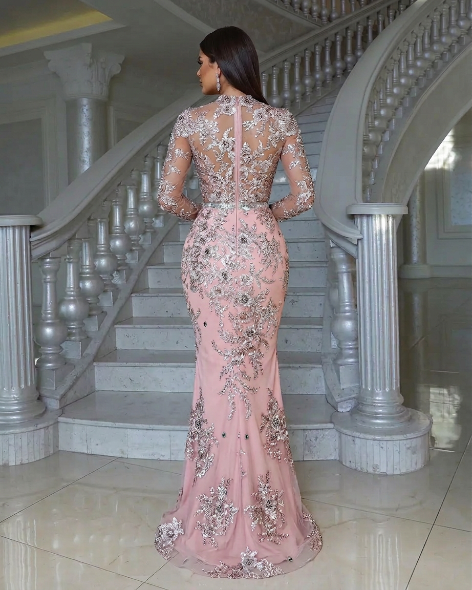 Luxurious Pink High Neck Beaded Embroidery Long Sleeves Detachable Panel Train Prom Evening Dresses With Rhinestone