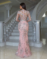 Luxurious Pink High Neck Beaded Embroidery Long Sleeves Detachable Panel Train Prom Evening Dresses With Rhinestone