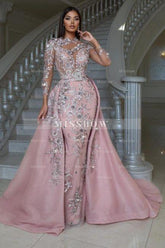 Luxurious Pink High Neck Beaded Embroidery Long Sleeves Detachable Panel Train Prom Evening Dresses With Rhinestone