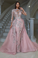 Luxurious Pink High Neck Beaded Embroidery Long Sleeves Detachable Panel Train Prom Evening Dresses With Rhinestone