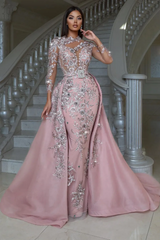 Luxurious Pink High Neck Beaded Embroidery Long Sleeves Detachable Panel Train Prom Evening Dresses With Rhinestone