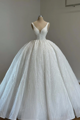 Luxurious Princess Long A-line V-neck Lace Beading Sleeveless Wedding Dresses with Glitter
