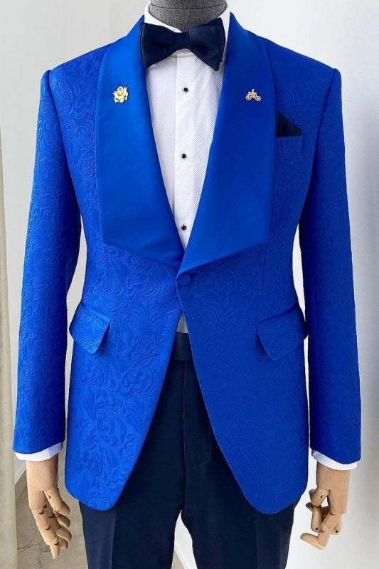 Luxurious Royal Blue Shawl Collar Slim Fit Jacquard Wedding Attire