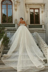 Luxurious Strapless Sleeveless Sequined Ball Gown Lace-up Cathedral Train Wedding Dress With Appliques