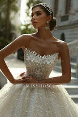 Luxurious Strapless Sleeveless Sequined Ball Gown Lace-up Cathedral Train Wedding Dress With Appliques