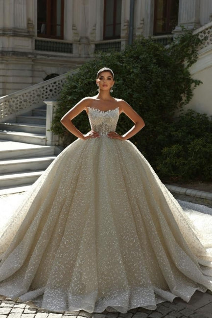 Luxurious Strapless Sleeveless Sequined Ball Gown Lace-up Cathedral Train Wedding Dress With Appliques