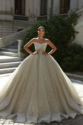 Luxurious Strapless Sleeveless Sequined Ball Gown Lace-up Cathedral Train Wedding Dress With Appliques