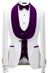 Luxurious White Jacquard Shawl Collar Three-Piece Wedding Suit