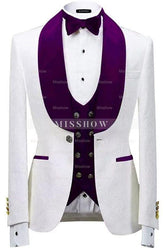 Luxurious White Jacquard Shawl Collar Three-Piece Wedding Suit