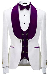 Luxurious White Jacquard Shawl Collar Three-Piece Wedding Suit