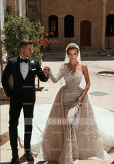 Luxurious White One Shoulder A-Line Wedding Dress with Beading Pearls Long Sleeve and Train - Satin Bridal Gown