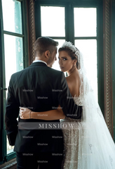 Luxurious White One Shoulder A-Line Wedding Dress with Beading Pearls Long Sleeve and Train - Satin Bridal Gown