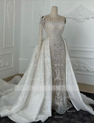 Luxurious White One Shoulder A-Line Wedding Dress with Beading Pearls Long Sleeve and Train - Satin Bridal Gown