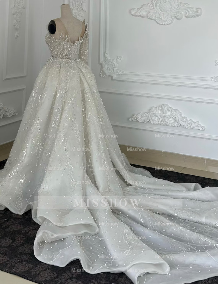 Luxurious White One Shoulder A-Line Wedding Dress with Beading Pearls Long Sleeve and Train - Satin Bridal Gown