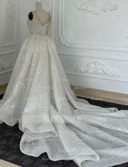 Luxurious White One Shoulder A-Line Wedding Dress with Beading Pearls Long Sleeve and Train - Satin Bridal Gown