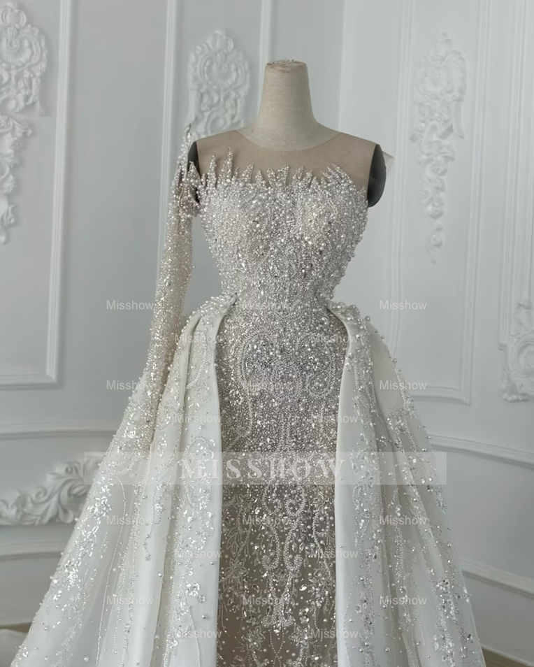 Luxurious White One Shoulder A-Line Wedding Dress with Beading Pearls Long Sleeve and Train - Satin Bridal Gown