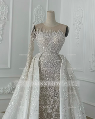 Luxurious White One Shoulder A-Line Wedding Dress with Beading Pearls Long Sleeve and Train - Satin Bridal Gown