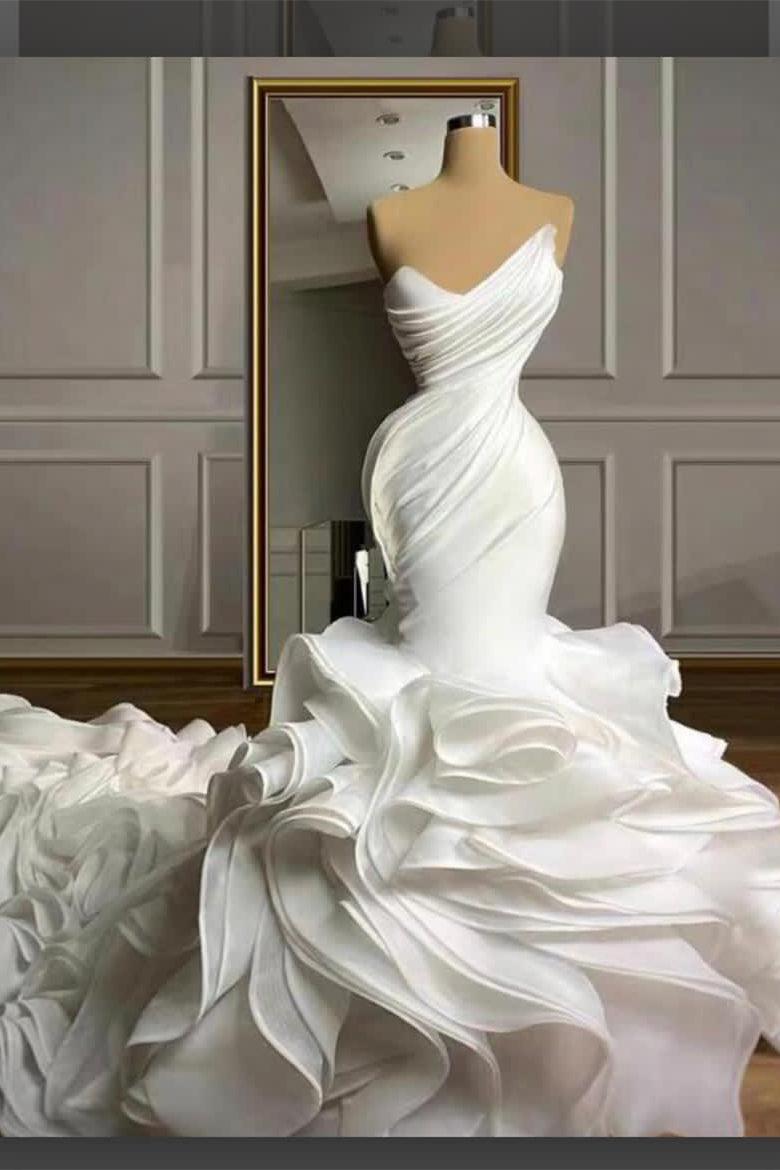 Luxurious White Strapless Mermaid Wedding Dress with Tiered Organza Piping - Bridal Gown