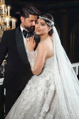 Luxurious White Sweetheart Beaded Illusion Sleeves Sequined Ball Gown Long Tulle Wedding Dresses With Pearls And Appliques