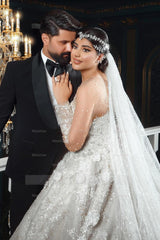Luxurious White Sweetheart Beaded Illusion Sleeves Sequined Ball Gown Long Tulle Wedding Dresses With Pearls And Appliques