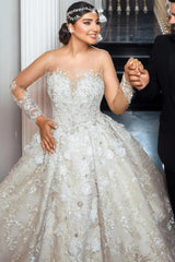 Luxurious White Sweetheart Beaded Illusion Sleeves Sequined Ball Gown Long Tulle Wedding Dresses With Pearls And Appliques